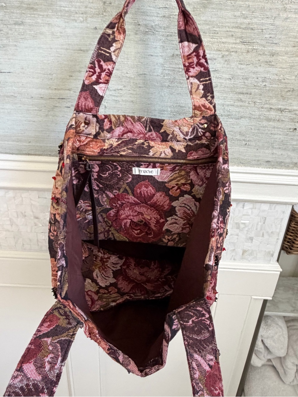 New Anthropologie Maeve Floral beaded Tote Bag brown pink tapestry embellished - Picture 10 of 15